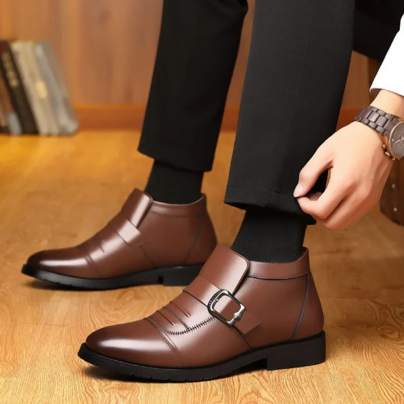 Winter Men's Leather Boots Fashion Business Casual Leather Shoes Thick Plush Warm Snow Boots for Men Winter Ankle Cotton Booties
