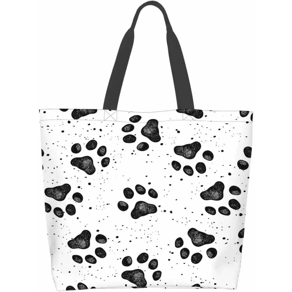 Black Dog Paw Tote Shopping Bag for Women Beach Bag Portable Waterproof Handbag Reusable Grocery Bags for Travle Shopping School