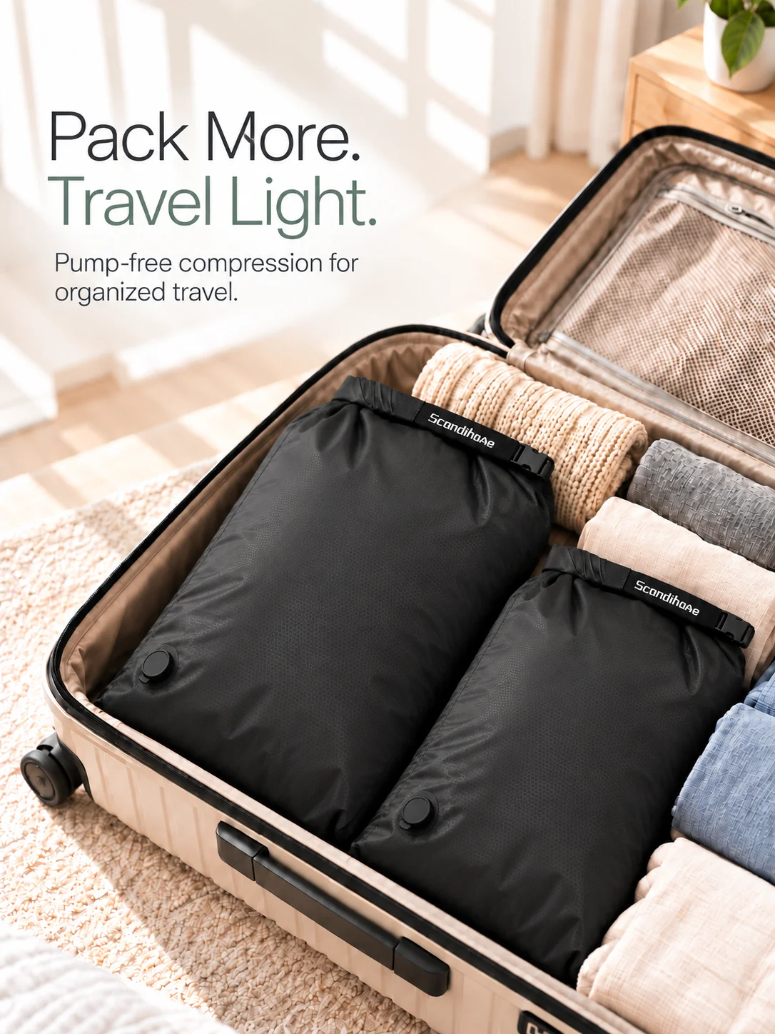 Luggage Vacuum Compression Bag Pump Free Reusable Vacuum Storage Bag 70% Space Save Waterproof Travel Clothes Sealed Packing Bag
