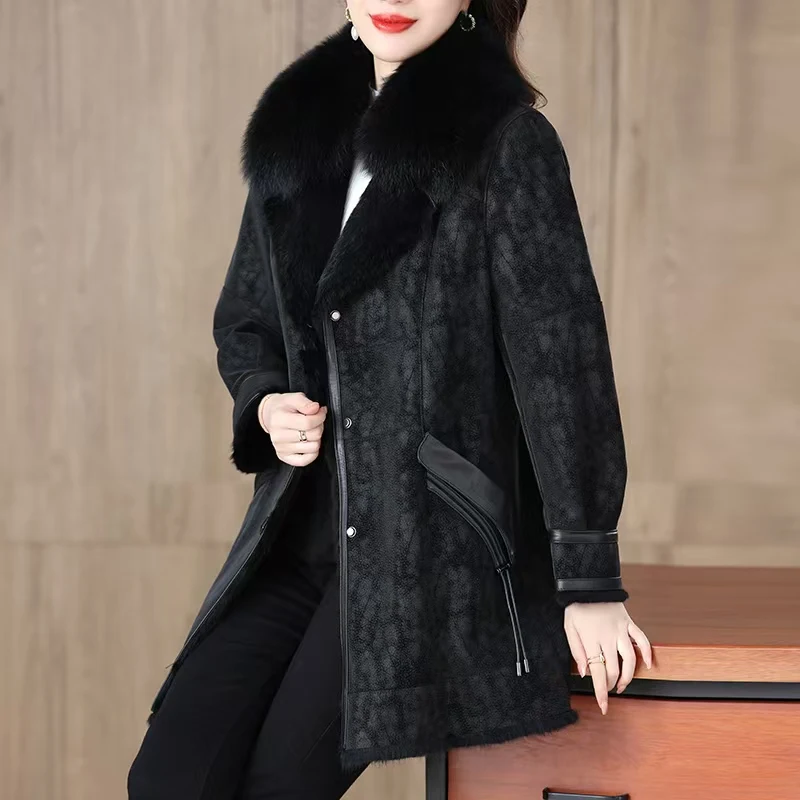 Women's Jacket Fur Coat New In Winter Long Natural Rabbit Fur Lining With Natural Real Fox Fur Collar Sheepskin Coat For Women