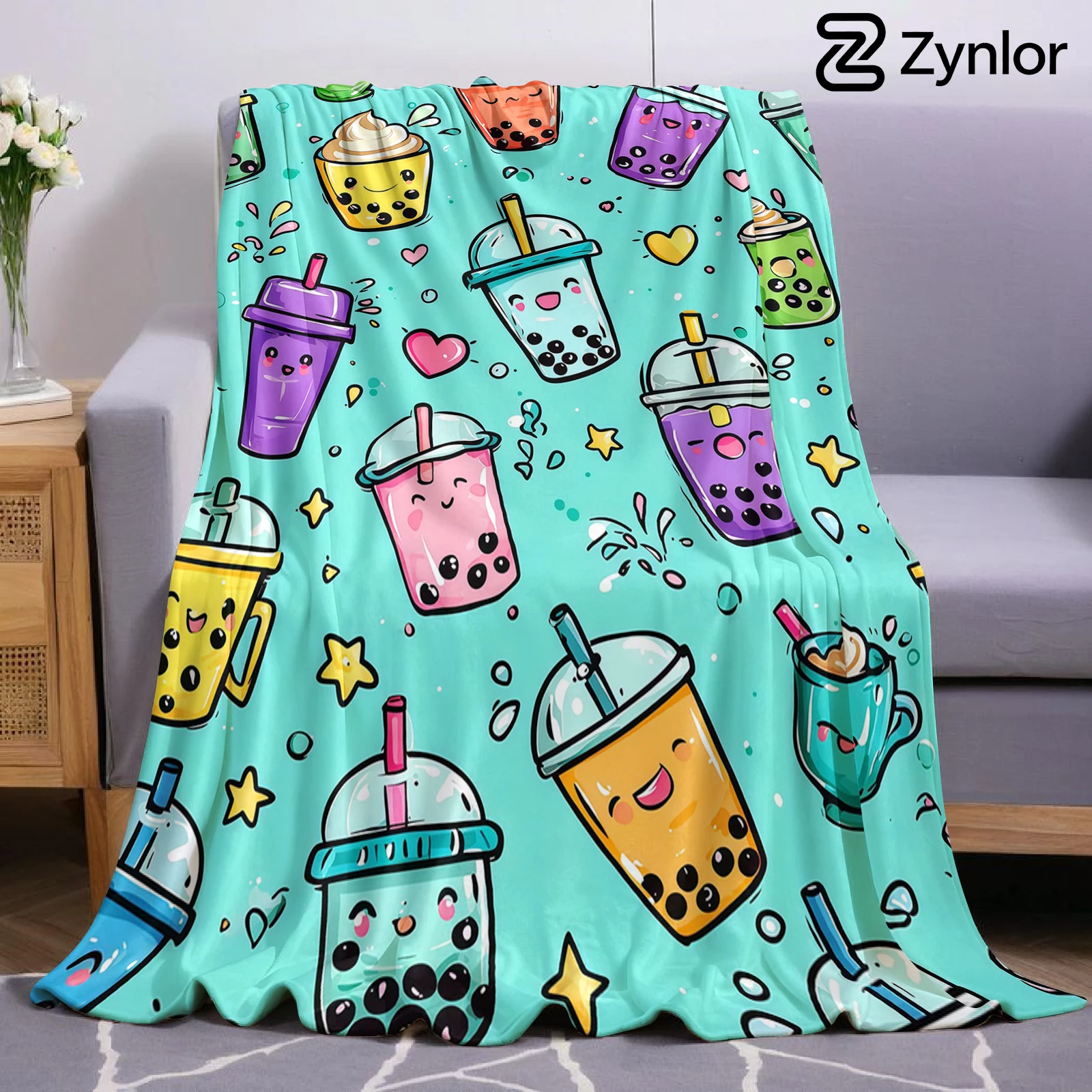 Bubble Tea Cartoon Lightweight Microfiber Soft Christmas Fleece Blanket Warm Cozy Throw for Bed Sofa Office Travel All Season