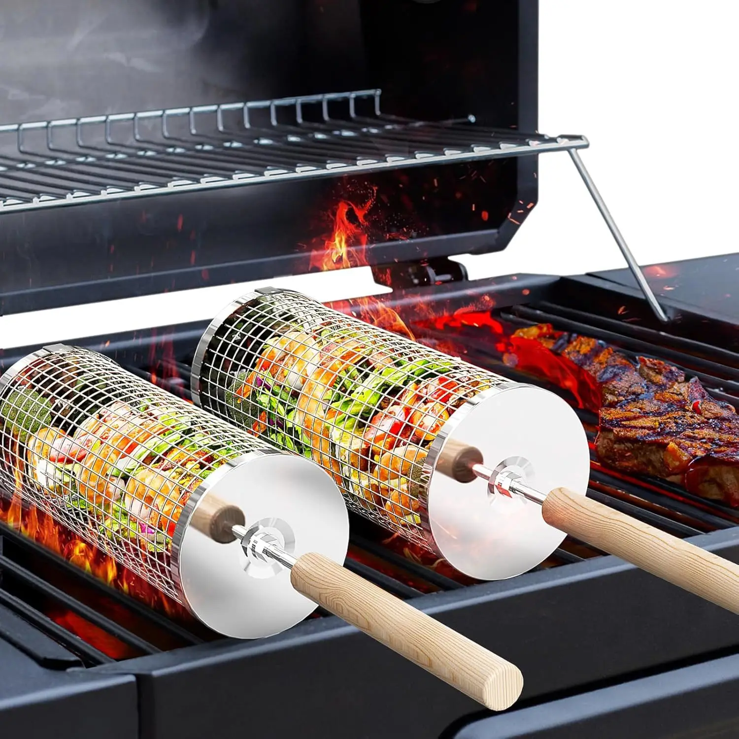 

Rolling barbecue basket, detachable wooden handle, nesting barbecue tools, smoked barbecue accessories, suitable for vegetables,
