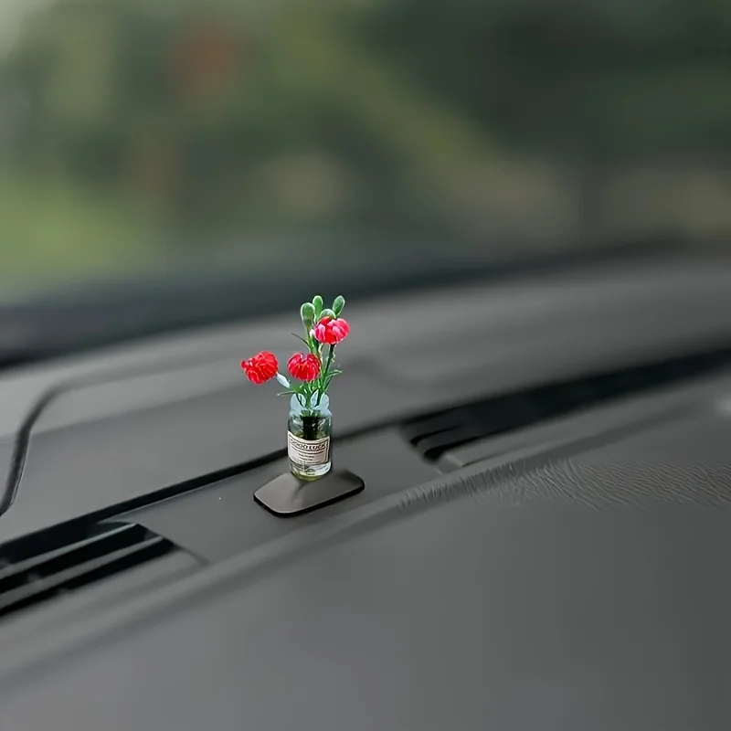 

1pc Elegant Mini Red Rose Car Dashboard Decoration - Realistic Plastic Flower with Green Leaves, Non