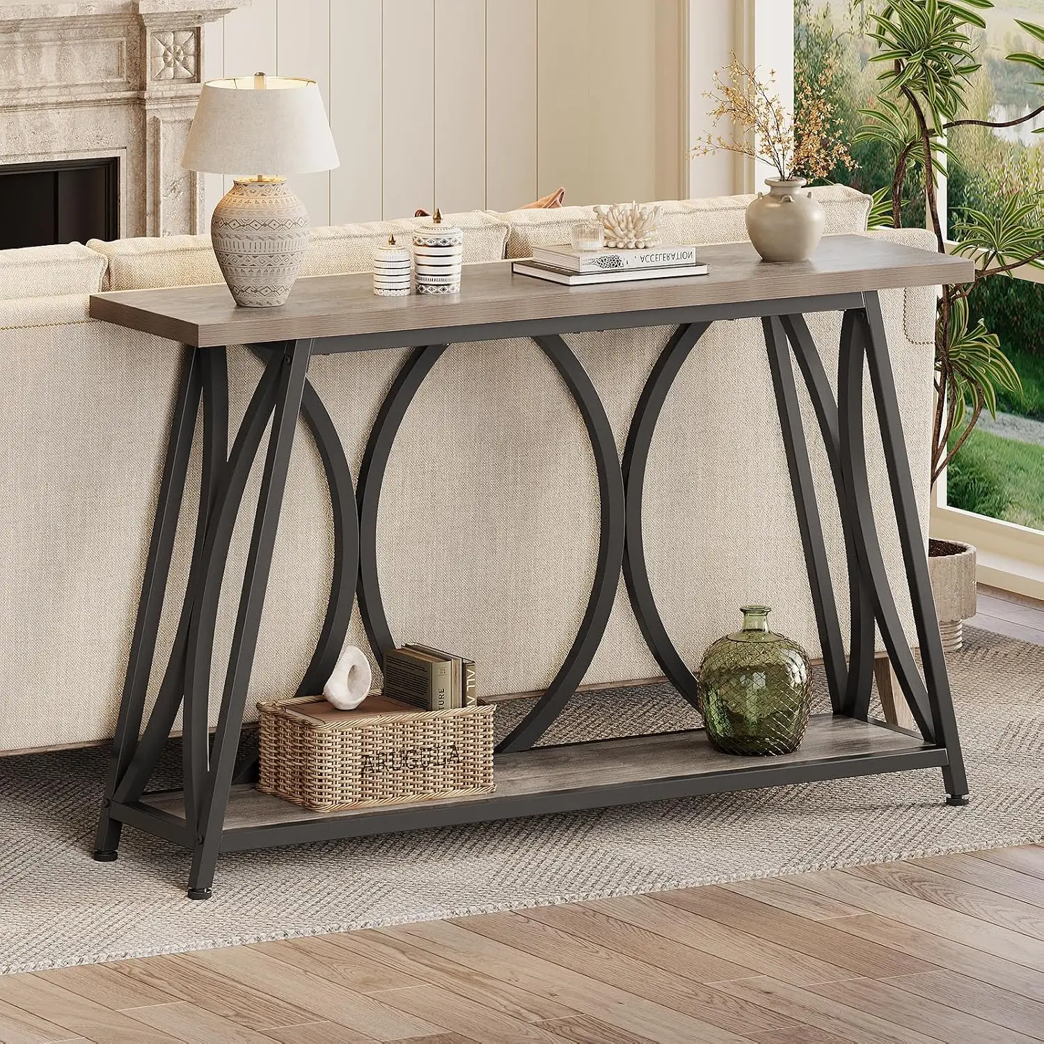 Two Tier Industrial Console Table Wood Entryway Accent Table Storage Shelves Metal Frame Sofa Behind Couch Table For Living Room Entrance Hallway Foyer Vintage Gray