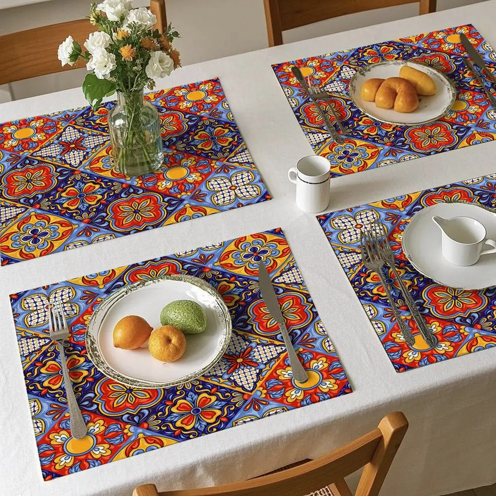 1 Pc Vintage Bohemian Linen Placemat, Washable Table Pad, Plate Mat for Kitchen, Daily Home and Wedding Decoration