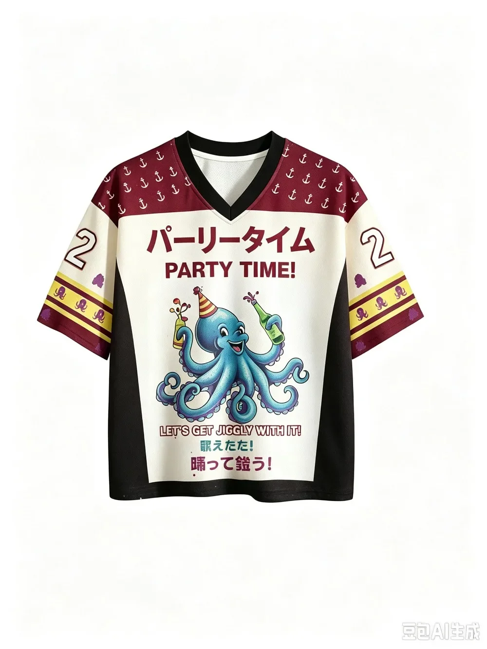 2026 Vintage Octopus Party Time 3DPrint Football Jersey Tshirt Unisex V-neck Short Sleeve Japanese Style Loose Casual Street Tee