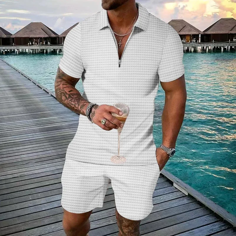 European And American Cross-border Men's Short-sleeved Shorts Summer Small Square Casual Loose Half Zipper Lapel Suit Men