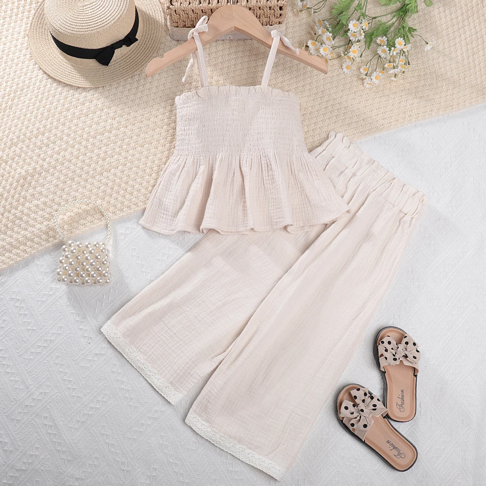 Bear Leader Korean Children Kids Clothing Set Girls Summer Organic Cotton  Camisole Top Lace Wide Leg Pants Trousers Outfits