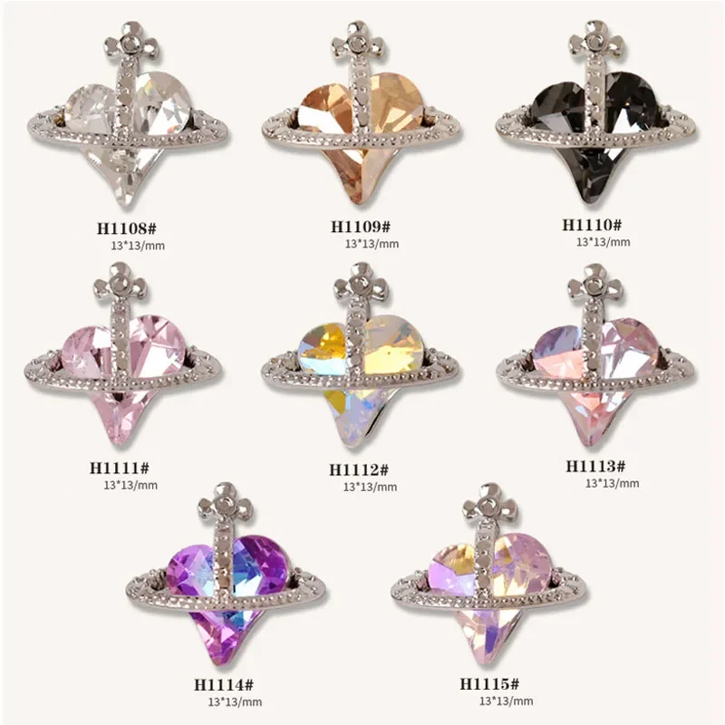 10pcs Set Nail Rhinestones Saturn Planet Cross Nail Charms Jewelry Luxe Heart Diamond Crystal Nail Art Decoration Accessories