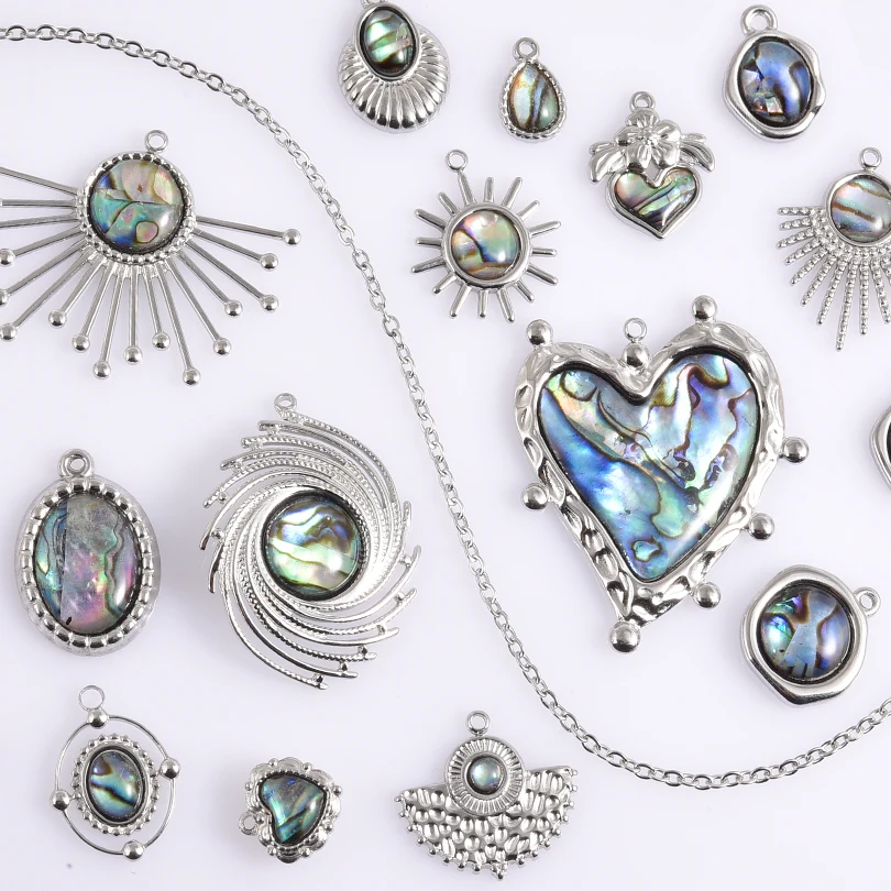 2pcs Sea Accessories Abalone Shell Pendant Love Heart Sun Oval Geometric Stainless Steel Oil Dripping Charms For Jewelry Making