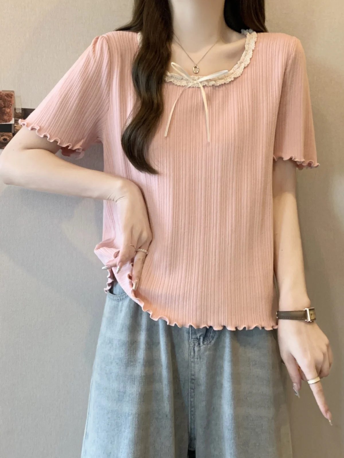 Pink Ice Silk Knitted Short Sleeve T-Shirt Women's Summer plus Size Beautiful  Knot Top Slimming Cute Little Shirt