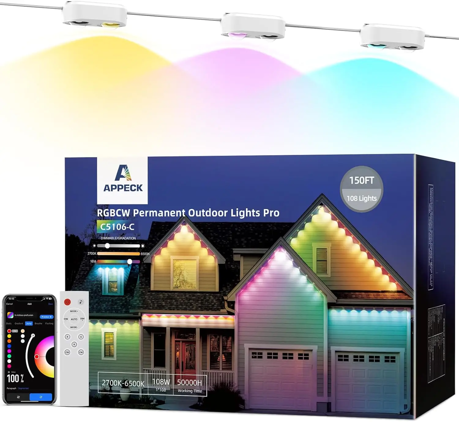 Lights Pro 150ft, RGBCW Smart Eaves Lights with 108 LED Lights, Dual Lens, Cuttable, 111 Scene Modes, IP67 Wat