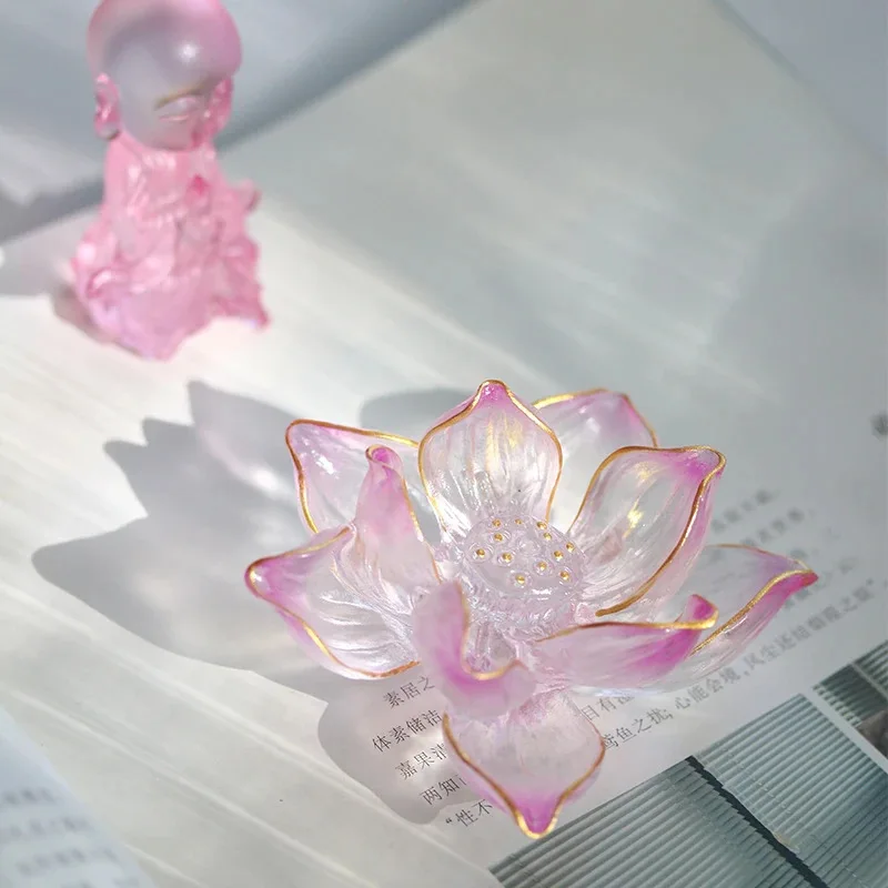 Ancient glass powder white lotus gradual change tabletop ornaments jewelry incense tea room base