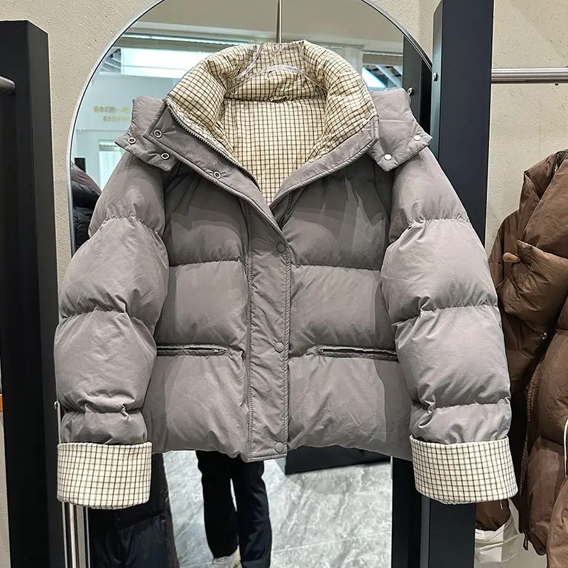 Winter New Women's Down Jacket Commuter Splicing Checkered Hoodie Jacket