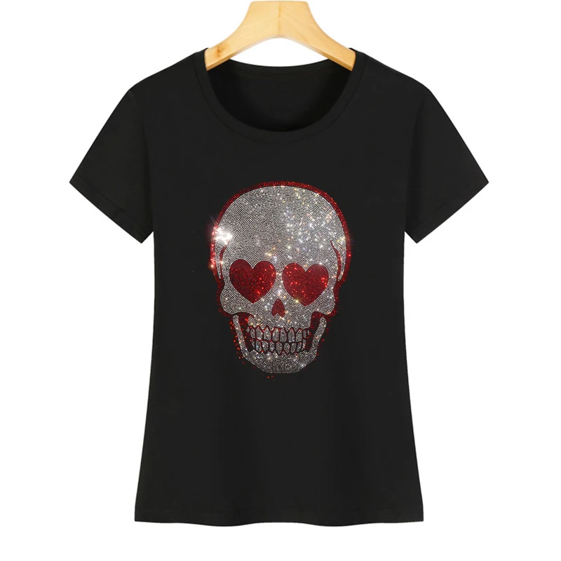 High-quality summer diamond T-shirt women cotton short-sleeved tops creative skull T-shirt glittering Rhinestone large size 5XL