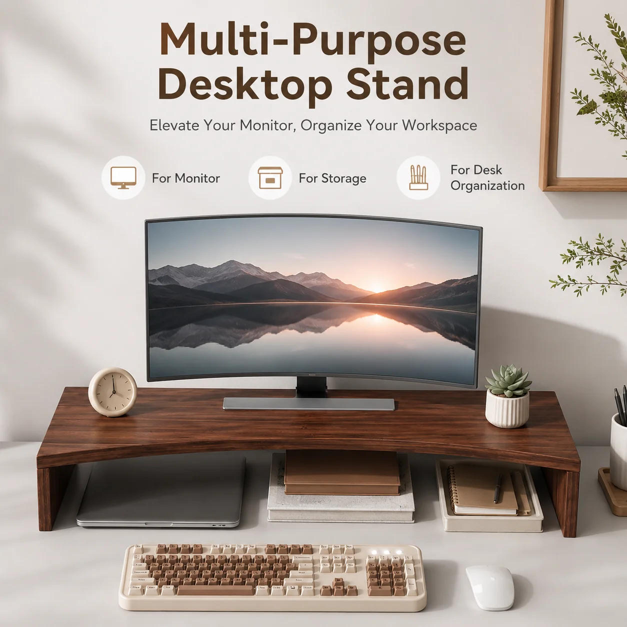 Wooden monitor stand riser, suitable for computer, home desk storage rack, can store monitor stationery and supplies