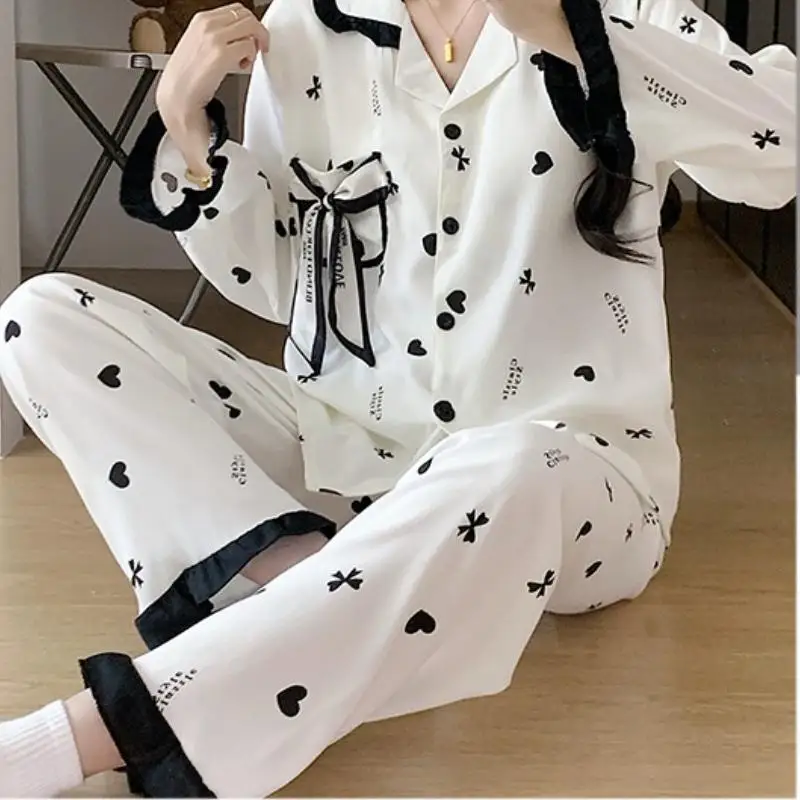 Women's Long Sleeved Long Pant Pajama Set for Girls In Spring Autumn New Sweet Cardigan Home Clothe for Women Soft Two-Piece Set 5