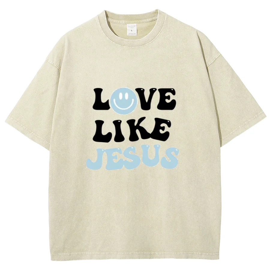 Like Jesus Y2K Washed Short Sleeves T-Shirt, Creative Printed Unisex Oversized Vintage Streetwear New Fashion Plus-Size Tops