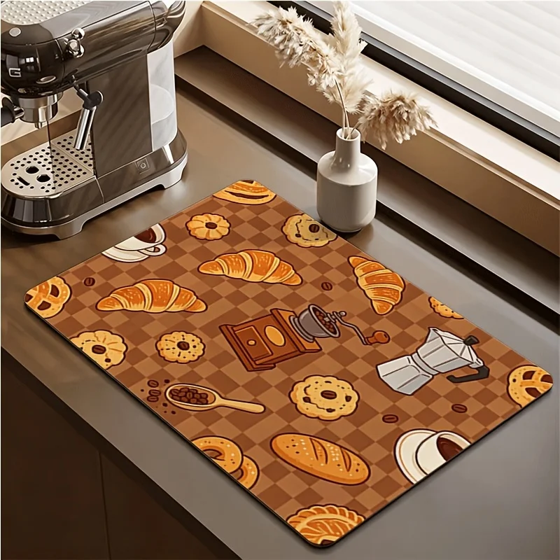 Drying Mat Orange White Flower Leaf Print Tableware Drain Pad for Kitchen Countertop Coffee Station Decor
