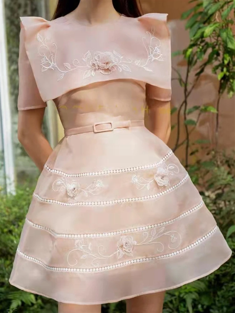 

2023 Boho Lace Party Solid Vintage Dresses Women A-Line Summer Embroidery Woman Mesh Sexy Dress Short Sleeve Elegant Vestido