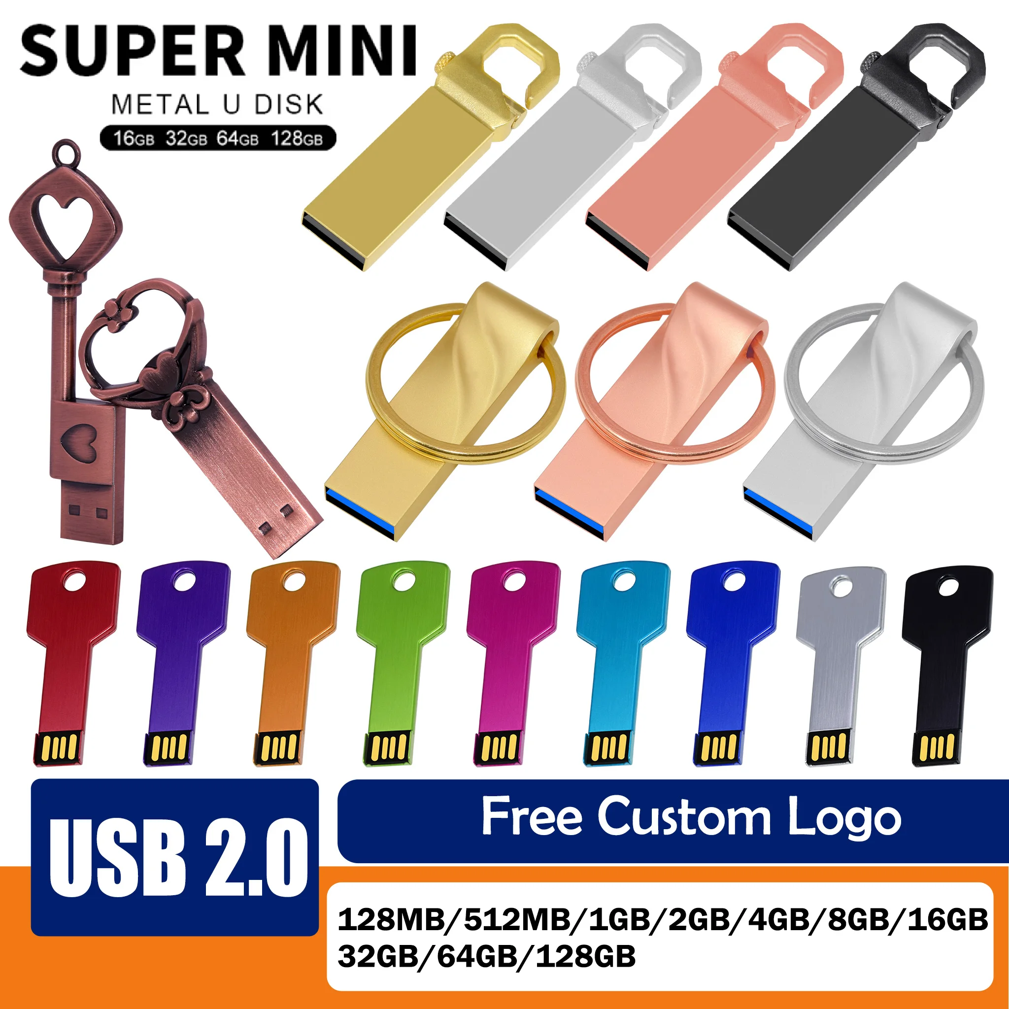 Usb 2.0 Flash Drive 128GB Business gift Memory Stick Pendrive 64GB 32GB 16GB Metal Pen Drive 8GB 4GB Usb Stick
