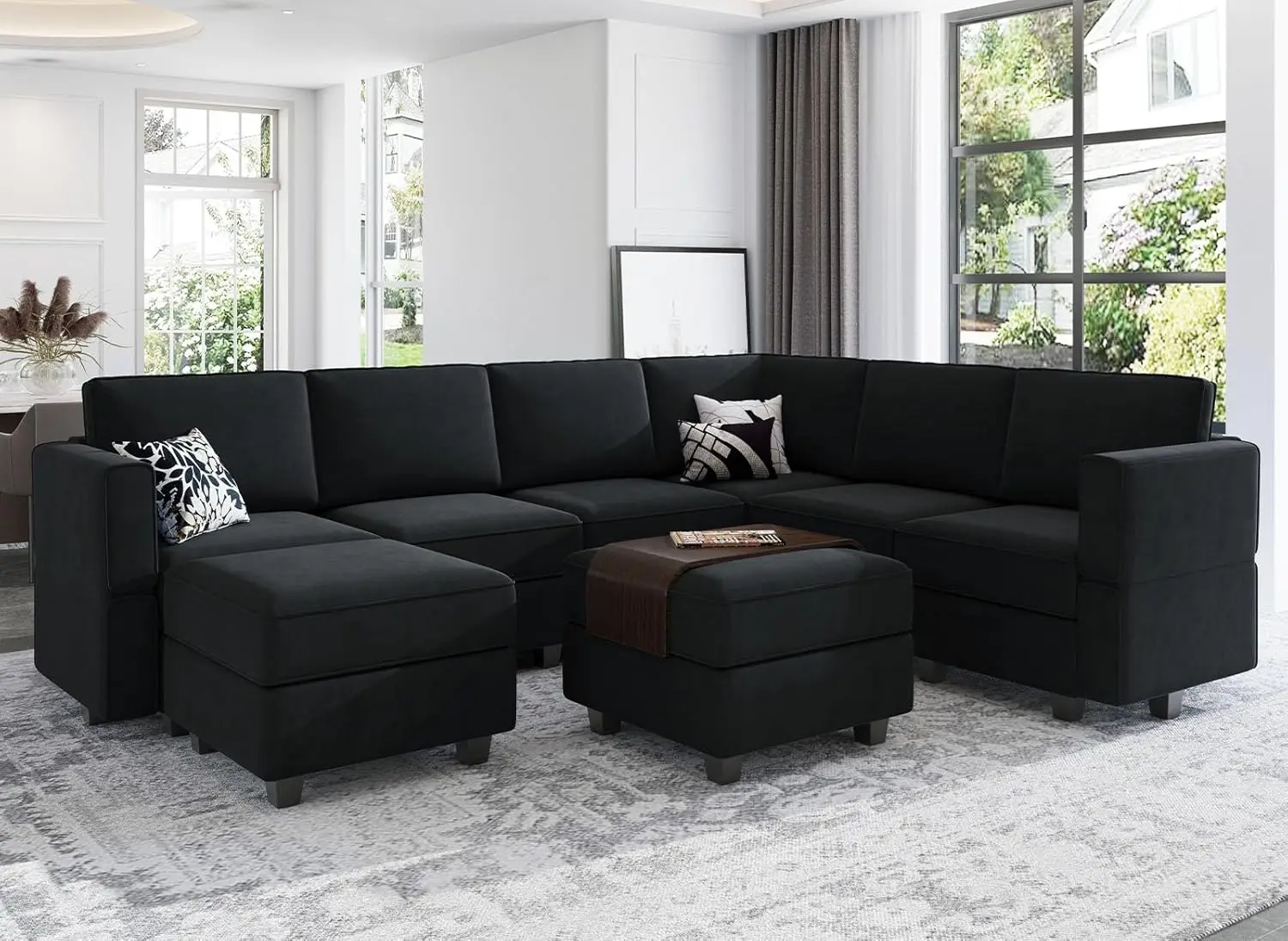 

Modular Sectional Sofa with Storage Seat Oversized U Shaped Couch with Reversible Chaise Sofa Set with Ottomans Velvet Black