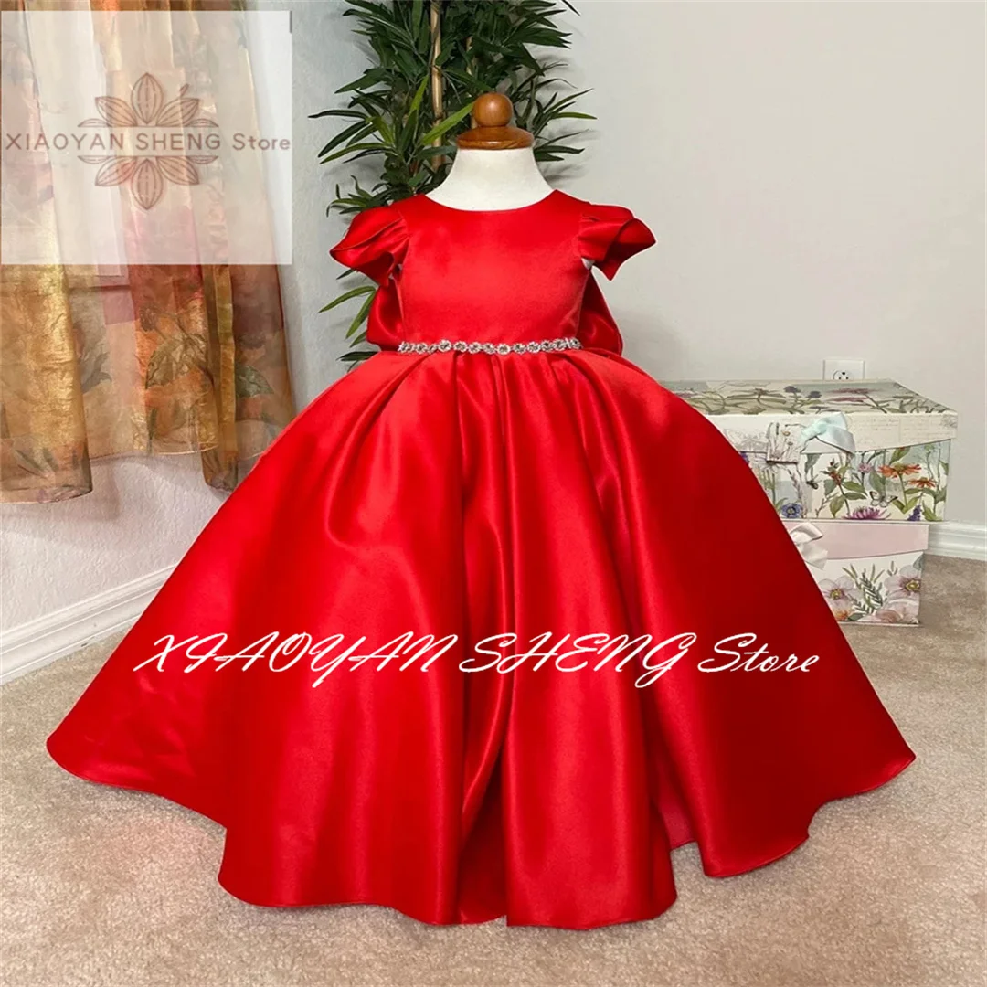 Red/White Satin Flower Girl Dress Wedding Princess Short Sleeve Elegant Birthday Party Formal Occassion Baby Kids Ball Gown