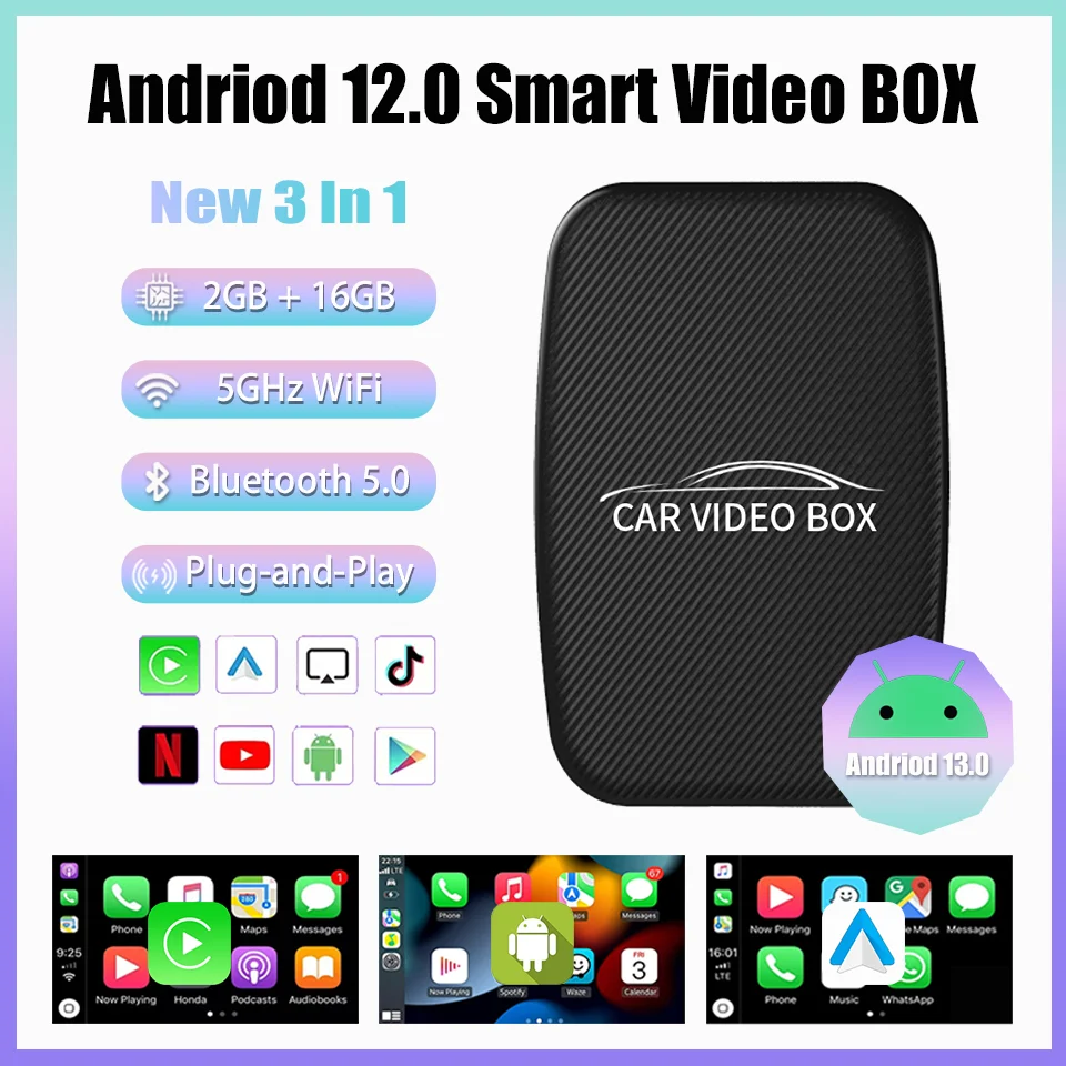 

2024 New CarPlay Smart TV Box Android 12.0 & Apple CarPlay & Android Auto 3IN1 Smart Box Built-in Youtube Netflix Plug & Play