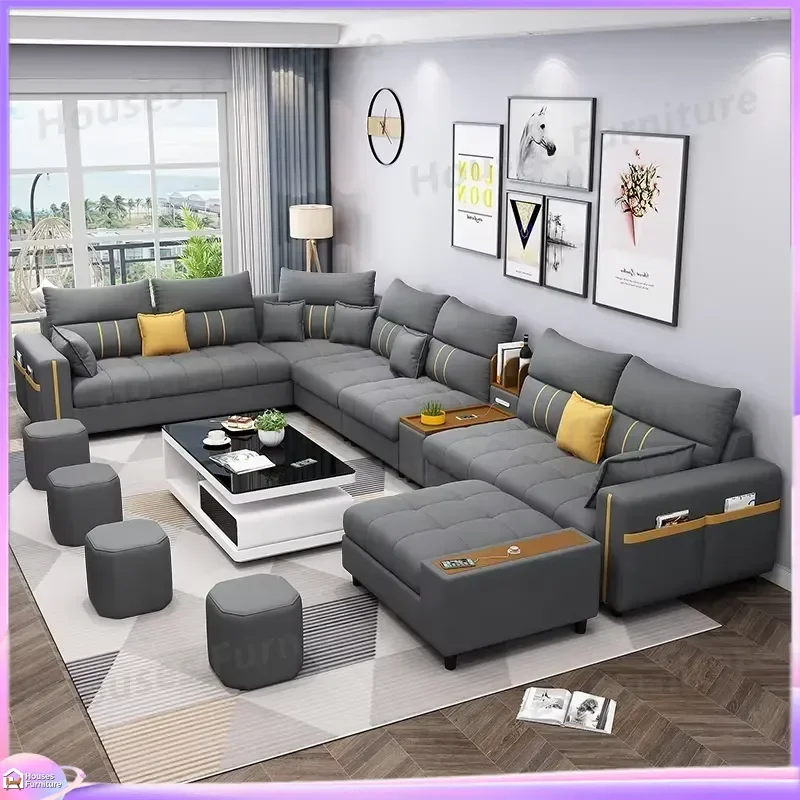Modern L Shaped Leather Corner Sofa Set with USB Port Bluetooth Speaker Living Room Furniture Assembly Sectional Couch