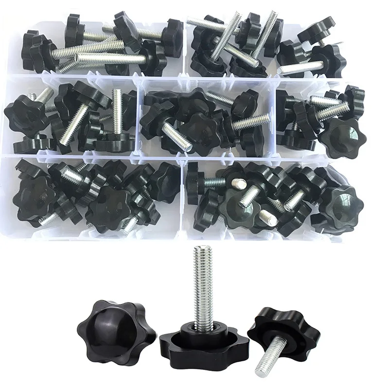 M6 25 Head Plastic Head Thread Star Shape Knurled Thumb Tighten Screw Clamping Grip Knob Screw Wood Plum Bolt Assortment Set