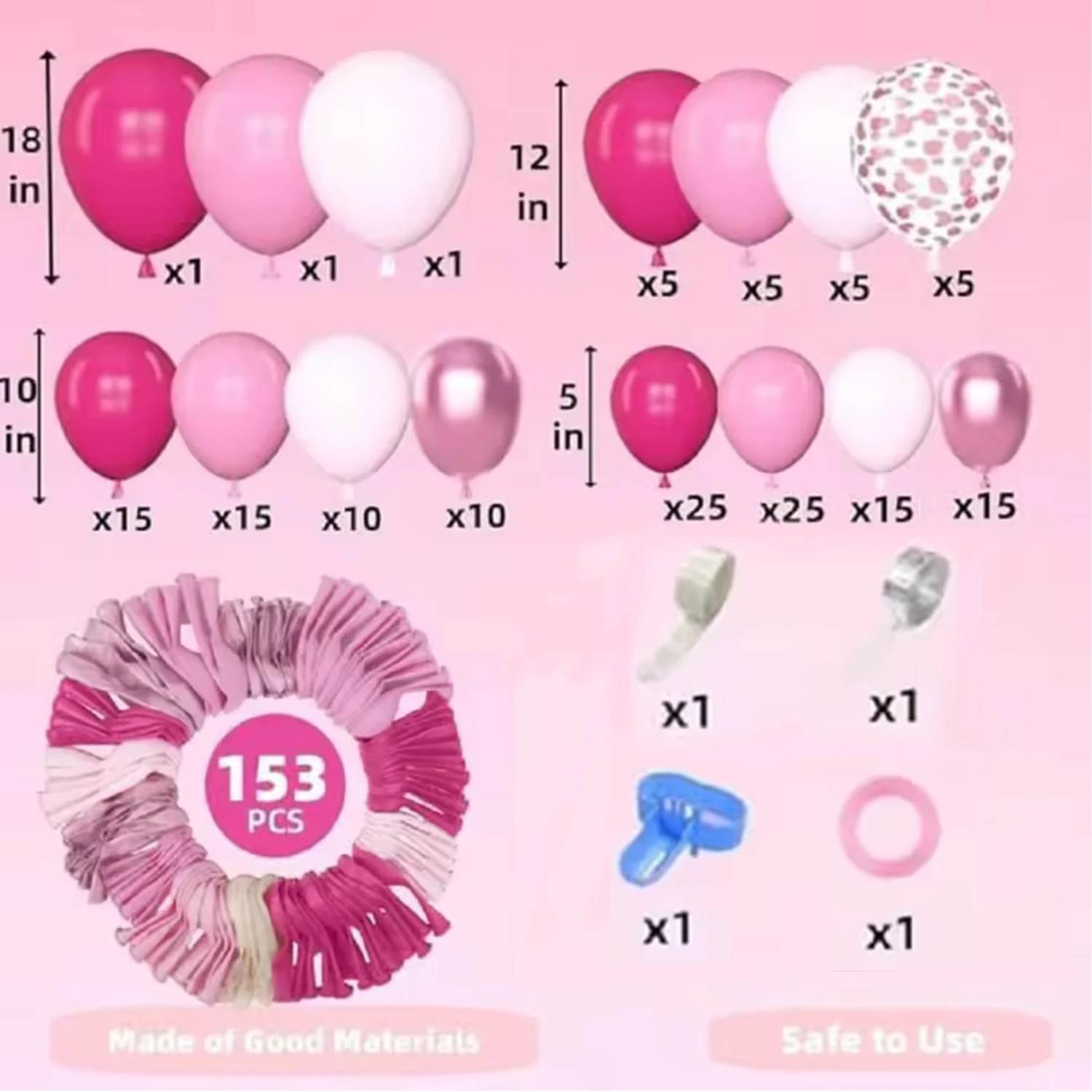 153 Pieces Pink Balloon Garland Arch Set, Different Sizes 18 12 10 5inch Pink Latex Metal Confetti Pink Balloon Birthday Princes