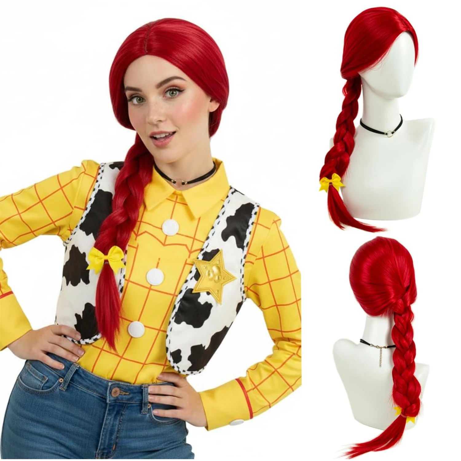 Cowgirl Braided Wig with Yellow Bow Long Red Braids Costume Wig for Women Adjustable Breathable Cap Matte Synthetic Hair
