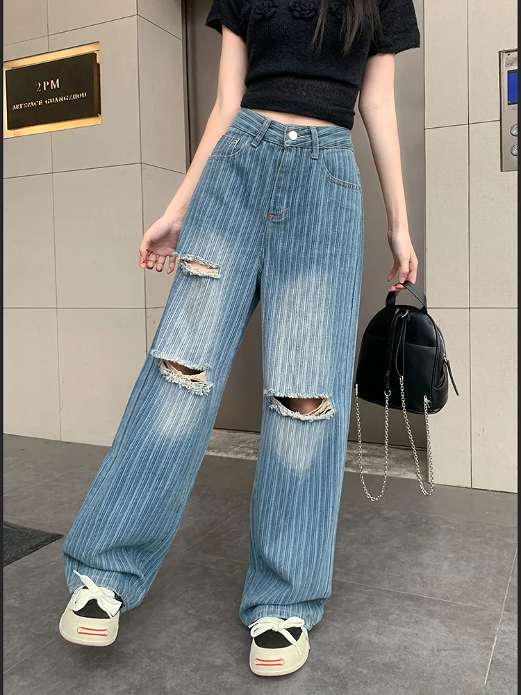 Women Jeans High Waist Retro Ripped Wide Leg Pants Straight Leg Jeans Hollow-out Pants Women's Casual Street Pants Multip