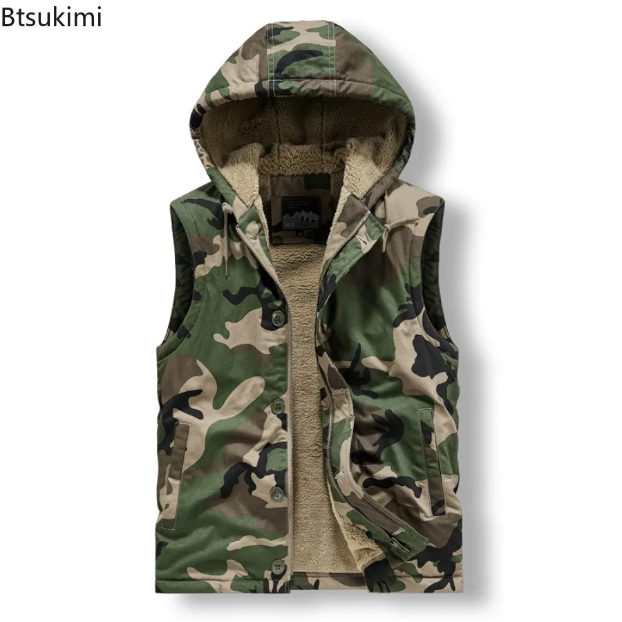 New Men's Autumn Winter Sleeveless Parkas Jacket Outdoor Casual Thicken Lamb Fleece Warm Hooded Vest High-Quality Men Vest Coats