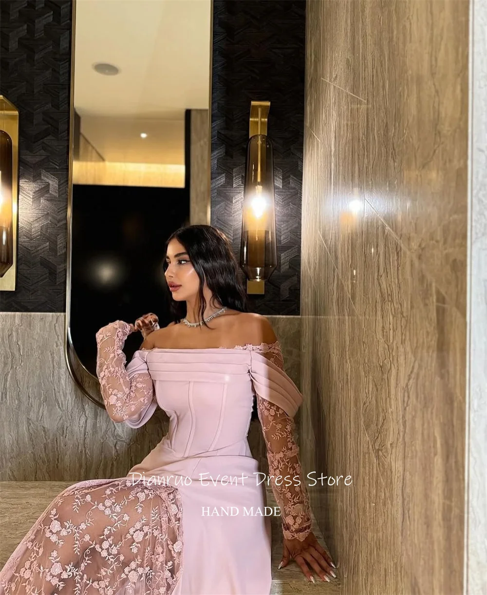 Dianruo ロマンチックなピンクオフショルダーイブニングドレスサテンレースパーティードレスイリュージョン非対称サウジアラビアカスタマイズ