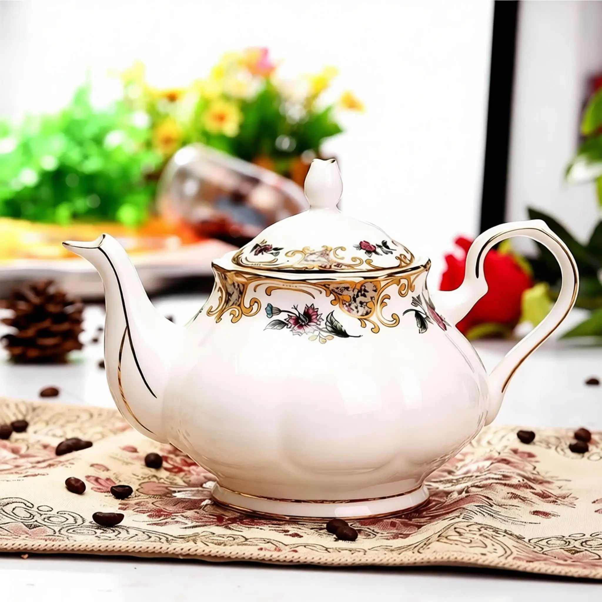 1000ML, real bone china long spout kettle, floral vintage painting, ceramic cafe coffee pot, espresso tea pot for ceremony