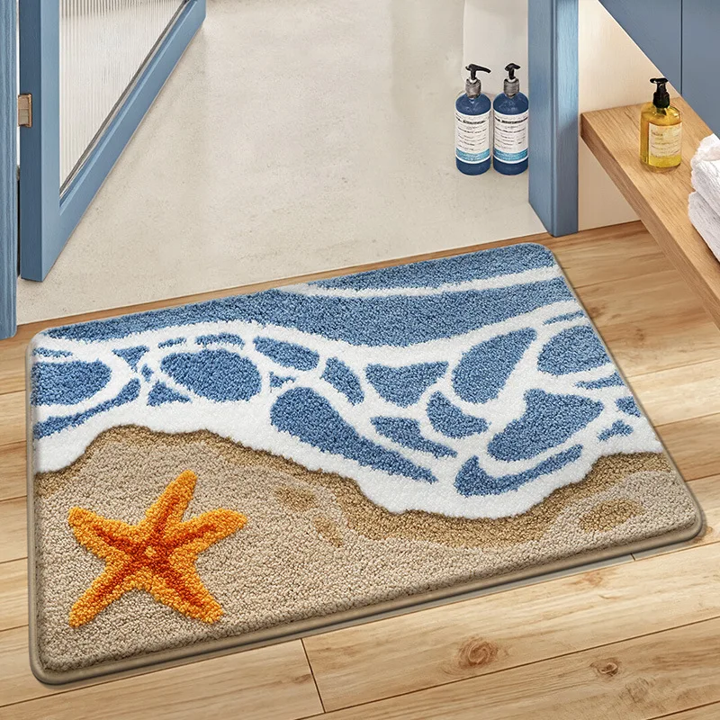 

Bathroom Mat, Ocean Shaped, Square, Plush Material, Non Slip, Absorbent, Quick Drying, Bathroom Decoration, Machine Washable