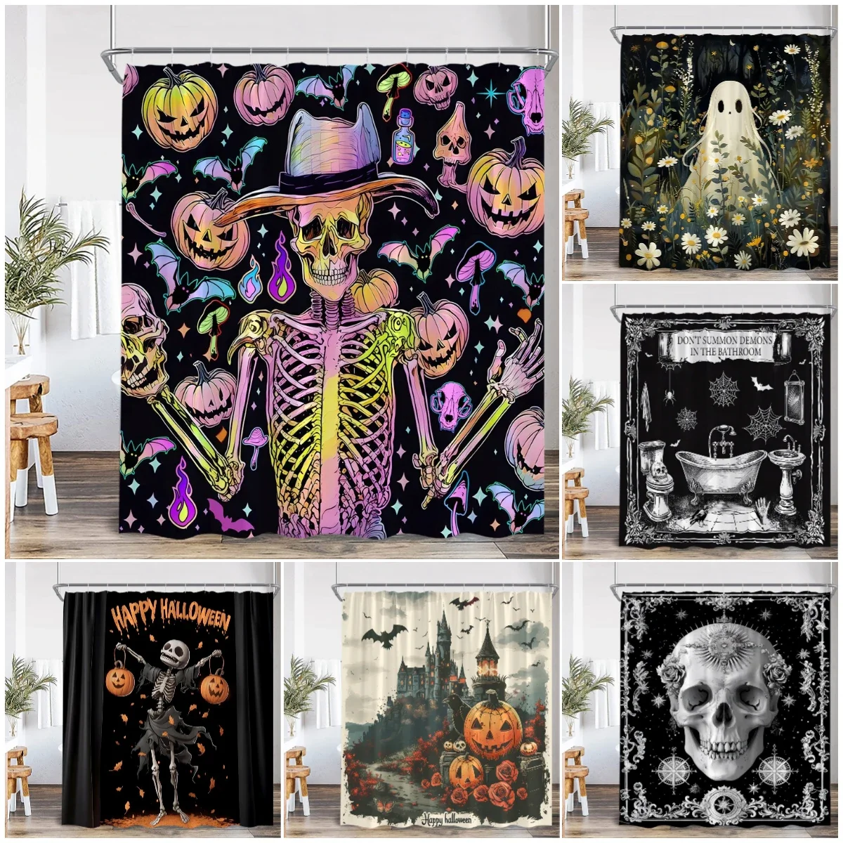 Funny Skull Shower Curtain Happy Halloween Skeleton Pumpkin Ghost Scary Bathroom Decor Spooky Horror Polyester Bathtub Curtain