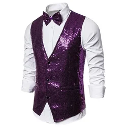 Mens Wedding Party Stage Prom Vest with Bowtie Shiny Royal Blue Sequin Dress Vests Men Slim Fit V Neck Glitter Tuxedo Waistcoat