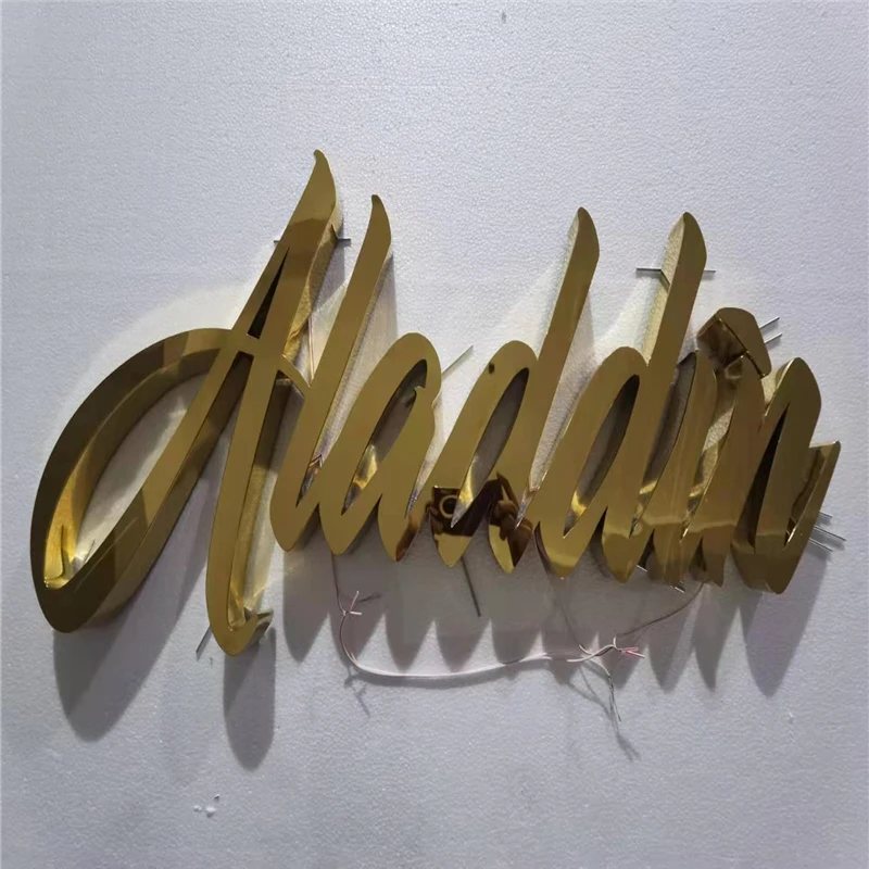 Custom made Gold mirror polished brushed stainless steel backlit LED letters, outdoor back illuminate LED business shop sign