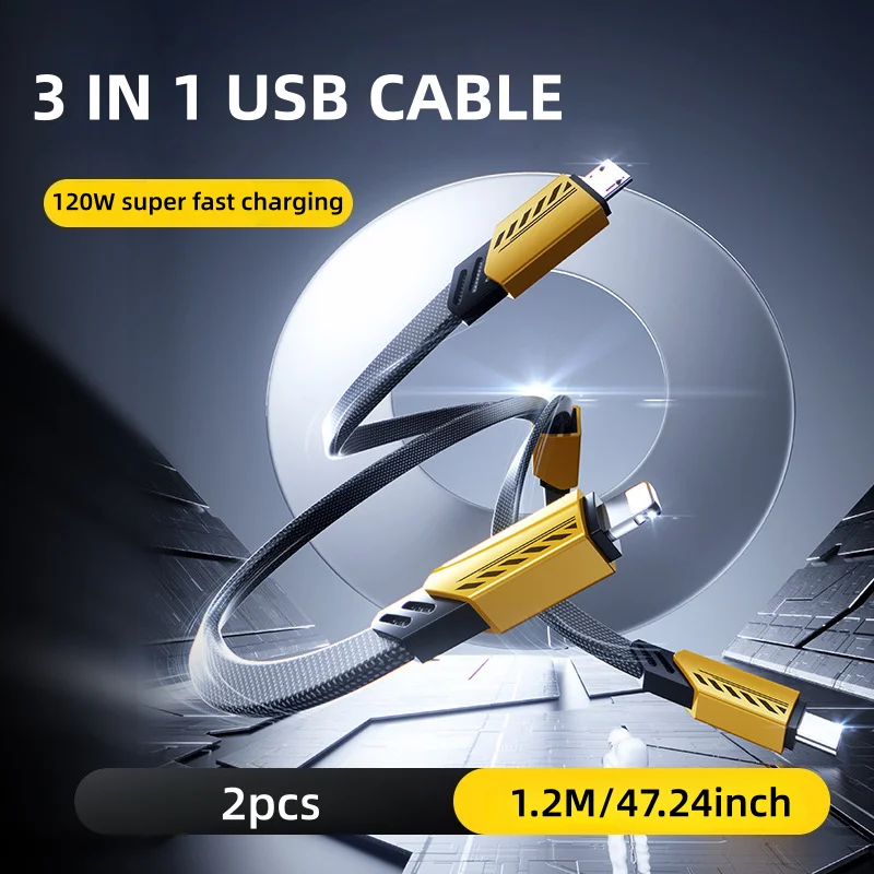 2 قطعة كابل بيانات ميكانيكي سريع الشحن بقدرة 120 وات 3 في 1 مناسب لهواتف iPhone وXiaomi كابل شحن متعدد المنافذ #1