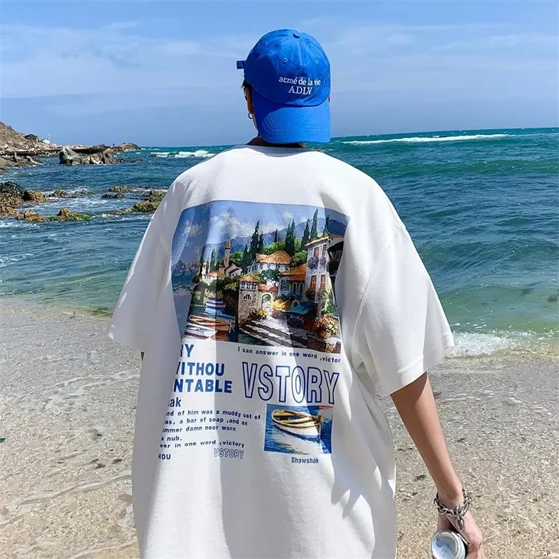 Landscape Graphic Print T Shirt For Men Summer Streetwear Letter Cotton Short Sleeve Tops Hip Hop Fashion Y2K Oversize T-Shirt