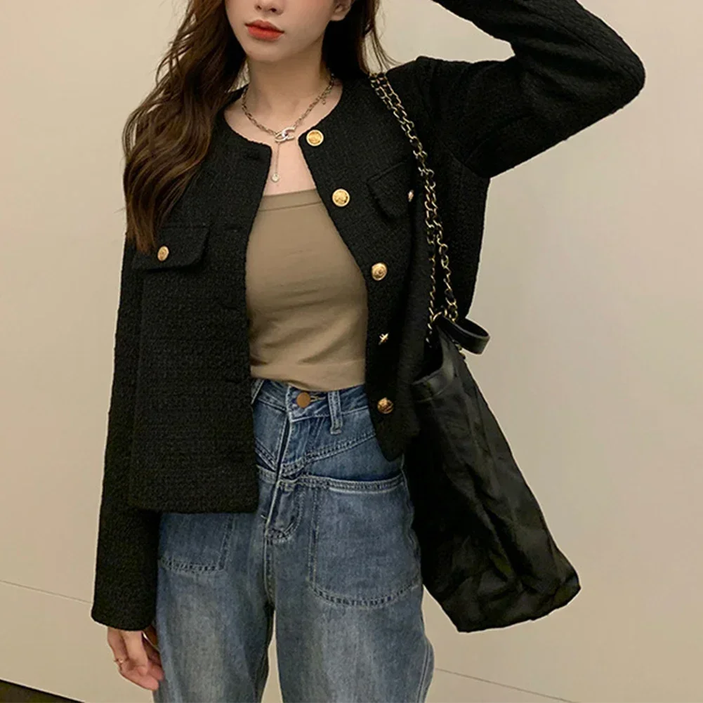 Cropped Tweed Jacket Women Vintage Aesthetic Korean Fashion Harajuku Chic-Elegant Jackets Autumn Winter Cardigan Coat