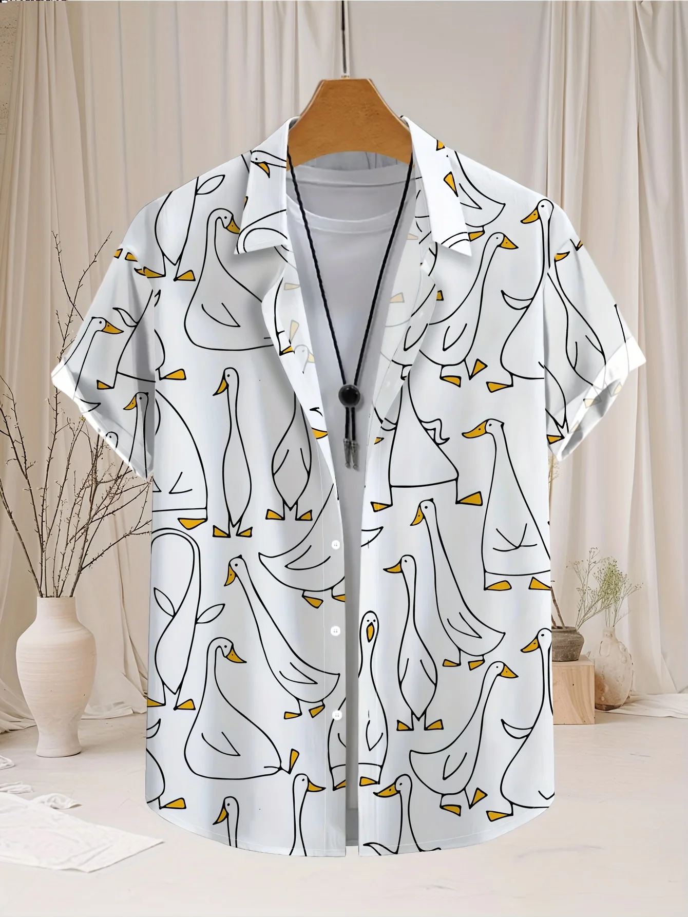 Men White Simple Line Duck Cartoon Fresh Print Cuban Collar Vacation Short Sleeve Shirt