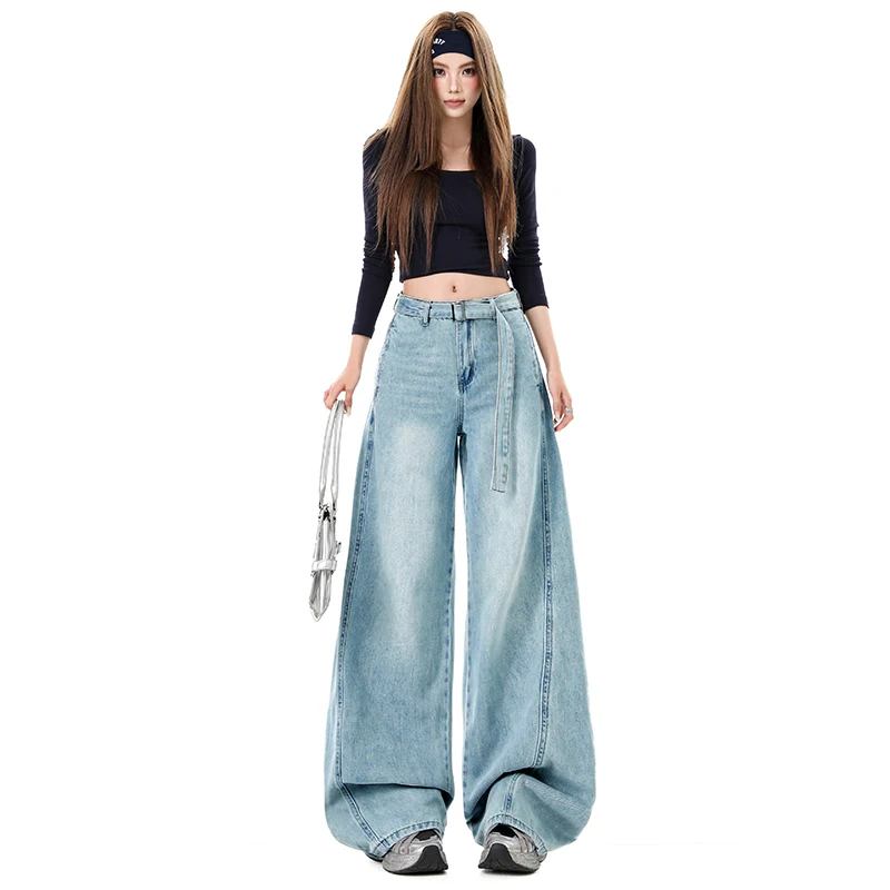 

Джинсы Y2K с высокой талией для женщин, свободные широкие брюки-клеш с поясом, прямые джинсовые брюки, длинное весеннее новое поступление