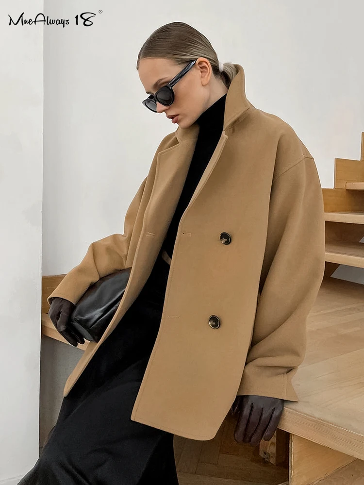 Mnealways18 Woolen Brown Office Jackets Ladies Double-Breasted Oversize Business Coats Elegant Women Long Sleeves Outerwear 2025