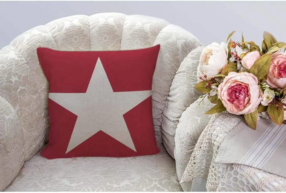 Red Star Pillowcase, Vintage Geometric Cushion Cover, Rustic Farmhouse Home Decor, Classic Five Pointed Star Living Room Gift