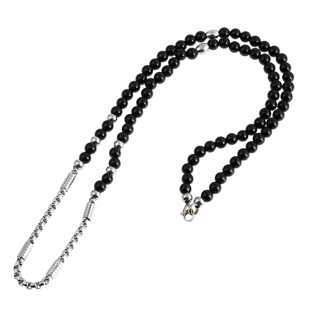 Hiphop/Rock Style Stainless Steel Lion Head Satanism Pendant Necklace with Black Natural Stone Chain Necklace 27 inches