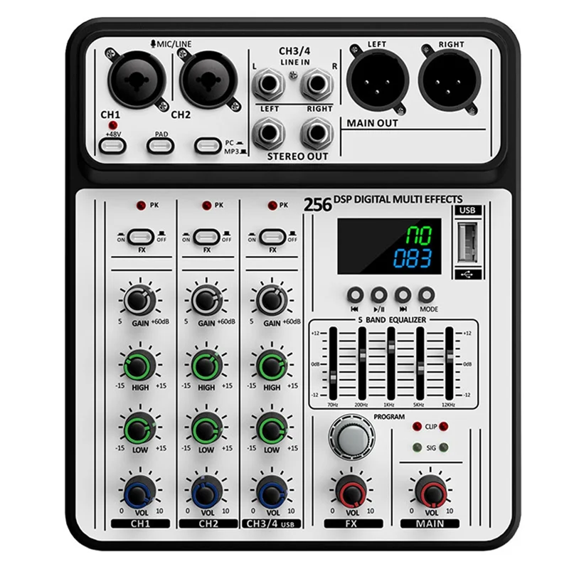 ABSQ-Professional D-04 4 Channel 256DSP Audio Mixer USB Studio Bluetooth DJ Console Mixer