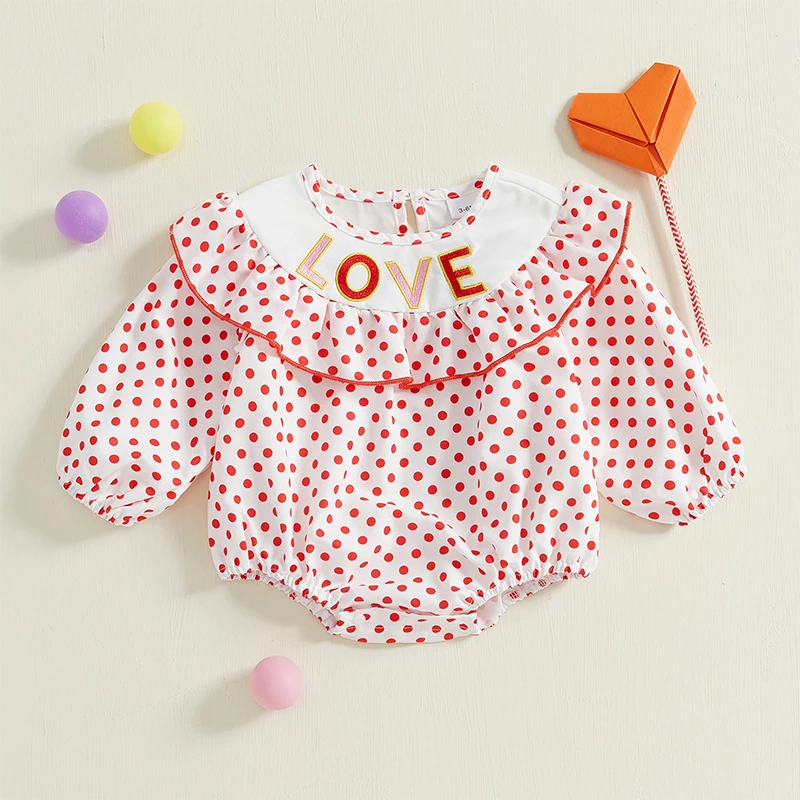 Newborn Baby Girl Valentine’s Day Romper Long Sleeve Round Neck Dots Print Ruffle Bodysuit Outfit